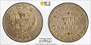 1811 G.B. Yorkshire Cattle & Barber 6 Pence Token PCGS AU58 Lot#G762 Silver!