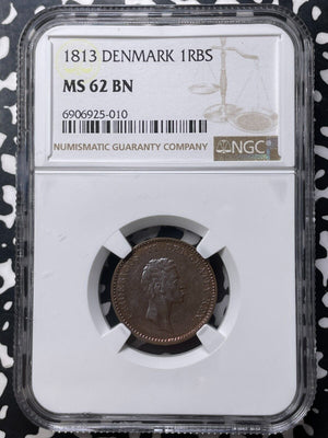 1813 Denmark 1 Rigsbankskilling NGC MS62BN Lot#G8931 Nice UNC!