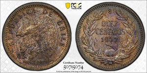 1907-So Chile 10 Centavos PCGS Environmental Damage-UNC Detail Lot#G9232 Silver!