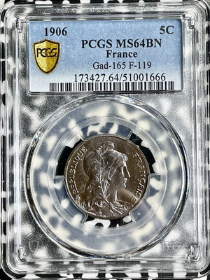 1906 France 5 Centimes PCGS MS64BN Lot#G9837 Choice UNC! Gad-165, F-119