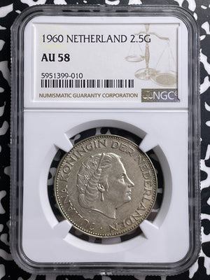 1960 Netherlands 2 1/2 Gulden NGC AU58 Lot#MK114 Silver!
