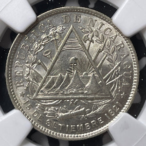 1887-H Nicaragua 20 Centavos NGC AU58 Lot#G8068 Silver!