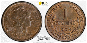 1909 France 1 Centime PCGS MS64BN Lot#G724 Top Graded! Choice UNC! Gad-90, F#105