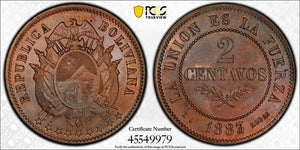 1883-EG Bolivia 2 Centavos Essai Pattern PCGS SP62BN  Lot#G6934 Nice UNC! KM#E4