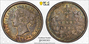 1886 Canada 5 Cents PCGS AU55 Lot#G159 Silver! Small '6' Variety