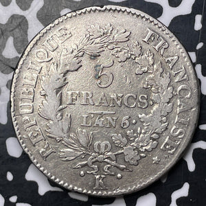 LAN 6-K (1797-98) France 5 Francs Lot#JM8807 Large Silver! Scarce! KM#639.5