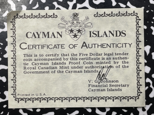 1975 Cayman Islands $5 Dollars Lot#B2024 Silver! With Case & C.O.A.