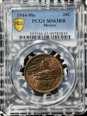 1944-Mo Mexico 20 Centavos PCGS MS63RB Lot#G7709 Beautiful Toning! Choice UNC!