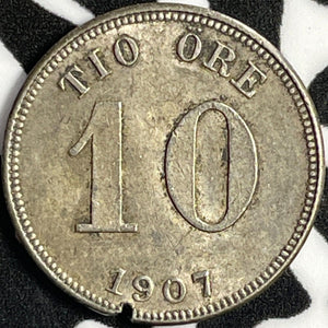 1907 Sweden 10 Ore Lot#D8900 Silver! Beautiful Detail, Rim Nicks