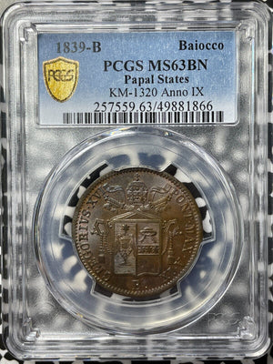 1839-B Papal States 1 Baiocco PCGS MS63BN Lot#G8242 Choice UNC! KM#1320