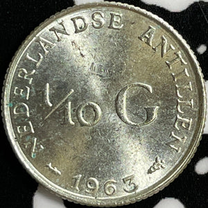 1963 Netherlands Antilles 1/10 Gulden Lot#D8475 Silver! High Grade! Beautiful!