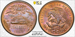 1959-Mo Mexico 20 Centavos PCGS MS64RB Lot#G7710 Beautiful Toning! Key Date!