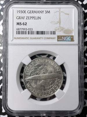 1930-E Germany Graf Zeppelin 3 Mark NGC MS62 Lot#G7043 Silver! Nice UNC!