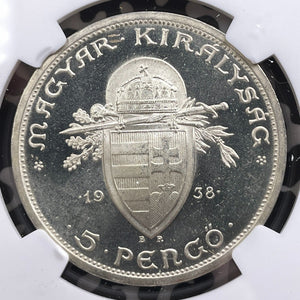 1938-BP Hungary St. Stephen 5 Pengo NGC MS65 Lot#G9131 Silver! Gem BU!