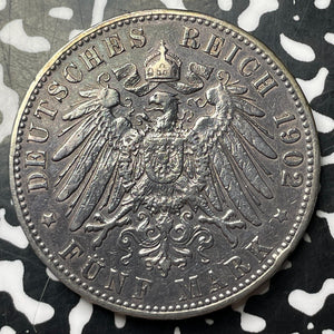 1902-J Germany Hamburg 5 Mark Lot#JM8765 Large Silver!