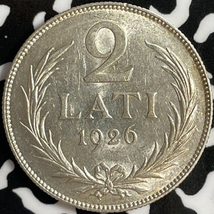 1926 Latvia 2 Lati Lot#D9657 Silver! High Grade! Beautiful!