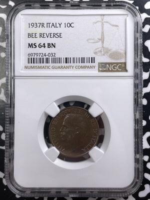 1937-R Italy 10 Centesimi NGC MS64BN Lot#G9151 Choice UNC! KM#60 Bee Reverse