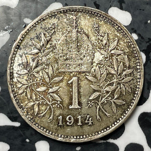 1914 Austria 1 Corona Lot#E6524 Silver! High Grade! Beautiful!