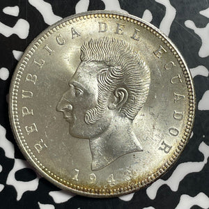 1943-Mo Ecuador 5 Sucres Lot#T1527 Large Silver Coin! High Grade! Beautiful!