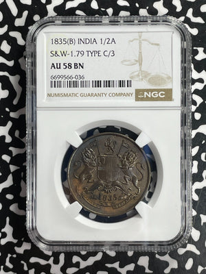 1835-(B) India 1/2 Anna NGC AU58BN Lot#G845 SW-1.79 Type C/3