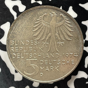 1974-D West Germany 5 Mark Lot#T5156 Silver! High Grade! Beautiful!