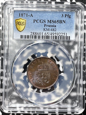 1871-A Germany Prussia 3 Pfennig PCGS MS65BN Lot#G7462 Gem BU! KM#482