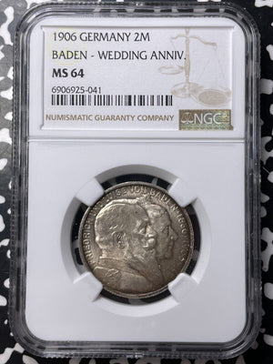 1906 Germany Baden Anniversary 2 Mark NGC MS64 Lot#G8899 Silver! Choice UNC!