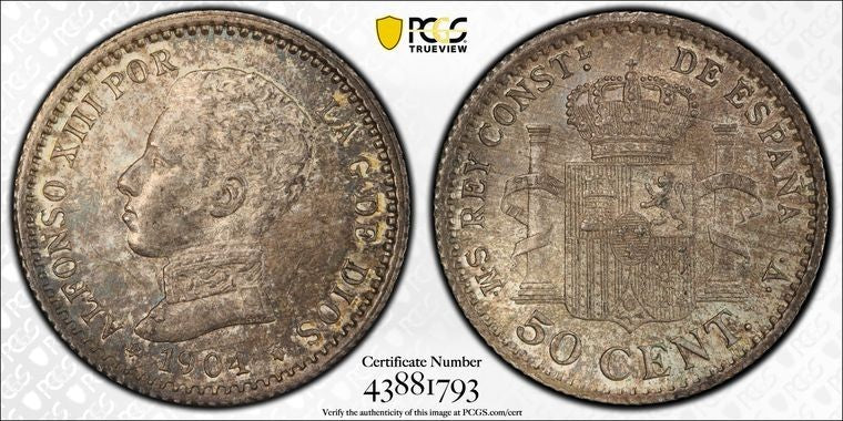 1904-SM V Spain 50 Centimos PCGS MS64 Lot#G2059 Silver! Choice UNC!