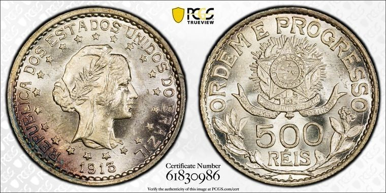 1913-A Brazil 500 Reis PCGS MS66 Lot#G3523 Silver! Gem BU! Mald-633.01