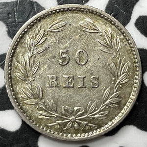 1876 Portugal 50 Reis Lot#D7160 Silver! High Grade! Beautiful!