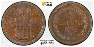 1850-R Papal States 1/2 Baiocco PCGS MS64BN Lot#G8238 Top Graded! KM#1355