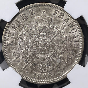 1868-BB France 2 Francs NGC AU55 Lot#G8894 Silver!