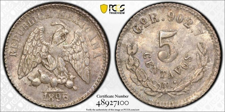 1896-Go R Mexico 5 Centavos PCGS MS63 Lot#G2065 Silver! Choice UNC!