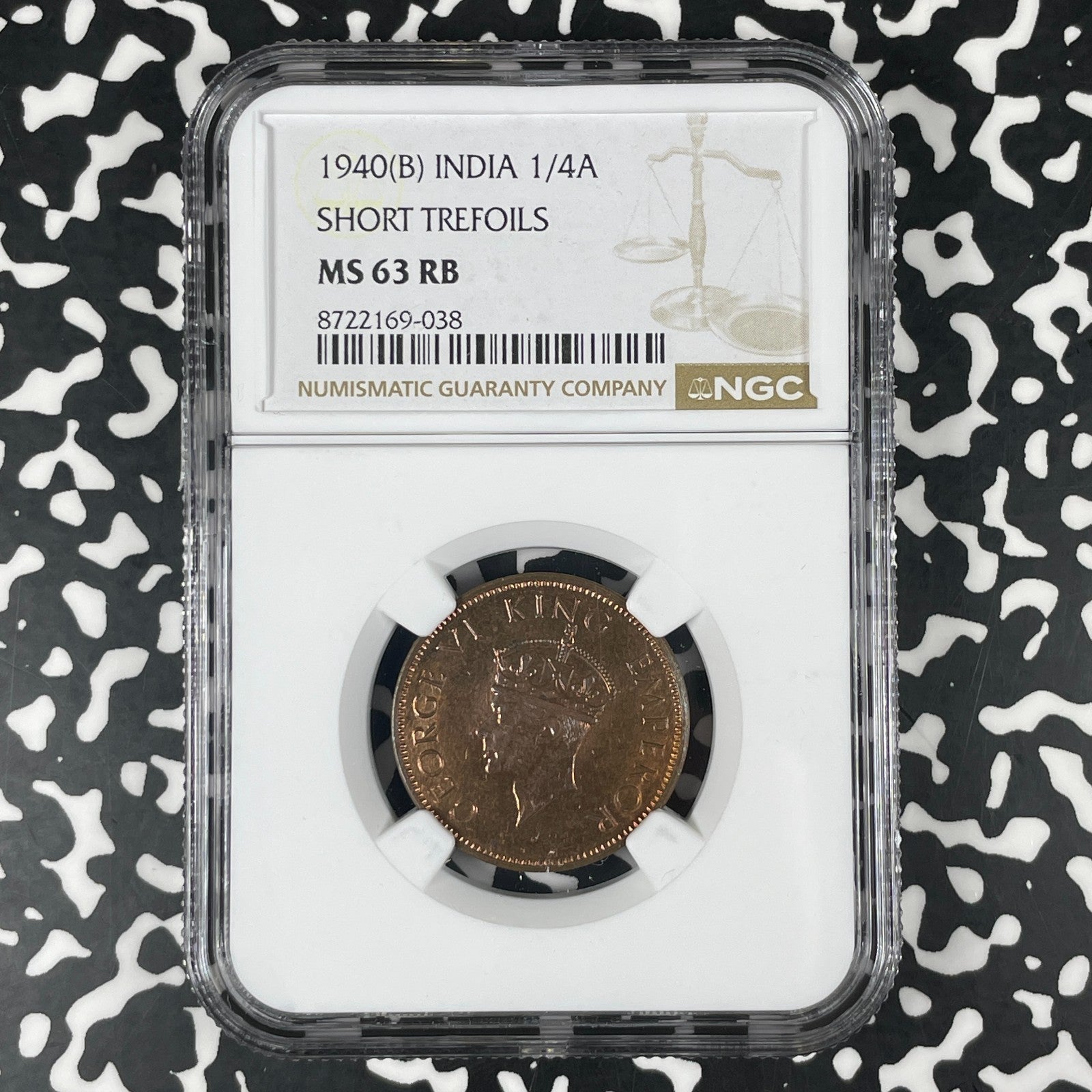 1940-(B) India 1/4 Anna NGC MS63RB Lot#G1793 Choice UNC! Short Trefoils