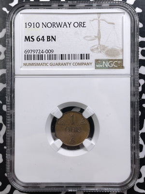 1910 Norway 1 Ore NGC MS64BN Lot#G9129 Choice UNC!