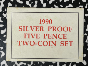 1990 Great Britain 2x 5 Pence Proof Set Lot#B2513 Silver! With Box & C.O.A.