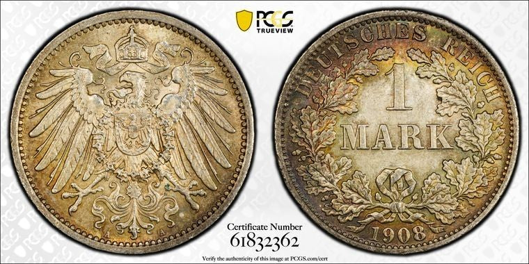1908-A Germany 1 Mark PCGS MS64 Lot#G3469 Silver! Choice UNC! J-17