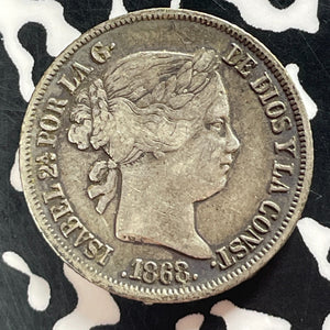 1868 Spanish Philippines 20 Centavos Lot#T4661 Silver! Nice!