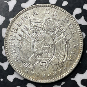 1909-H Bolivia 50 Centavos Lot#E6814 Silver! Nice Detail, Old Cleaning