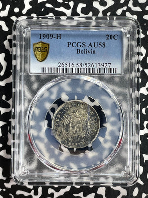 1909-H Bolivia 20 Centavos PCGS AU58 Lot#G919 Silver!