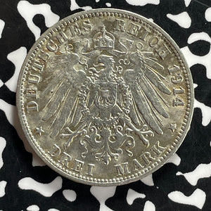 1914-F Germany Wurttemberg 3 Mark Lot#JM9859 Silver! Nice!