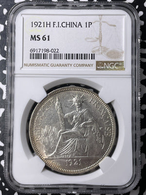 1921-H French Indo-China 1 Piastre NGC MS61 Lot#G9484 Large Silver! Nice UNC!