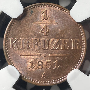 1851-A Austria 1/4 Kreuzer NGC MS64RB Lot#G8786 Choice UNC!