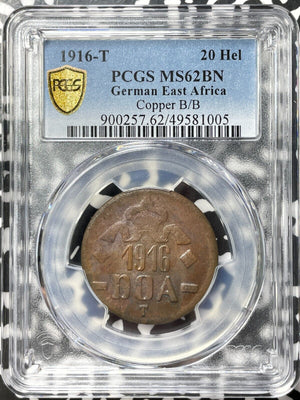 1916-T German East Africa 20 Heller PCGS MS62BN Lot#G8129 Nice UNC! Copper