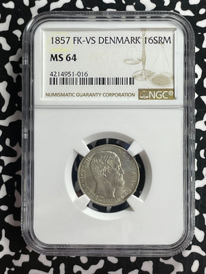 1857-FK VS Denmark 16 Skilling Rigsmont NGC MS64 Lot#G932 Silver! Choice UNC!