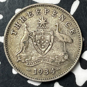 1934 Australia 3 Pence Threepence Lot#E9459 Silver!