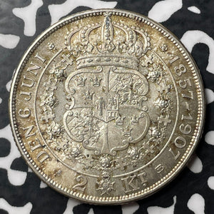 1907 Sweden 2 Kronor Lot#E6812 Silver! High Grade! Beautiful!