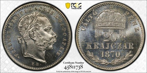 1870-KB Hungary 20 Krajczar Restrike PCGS PR67 Lot#G9070 Silver! Proof! KM#452.1