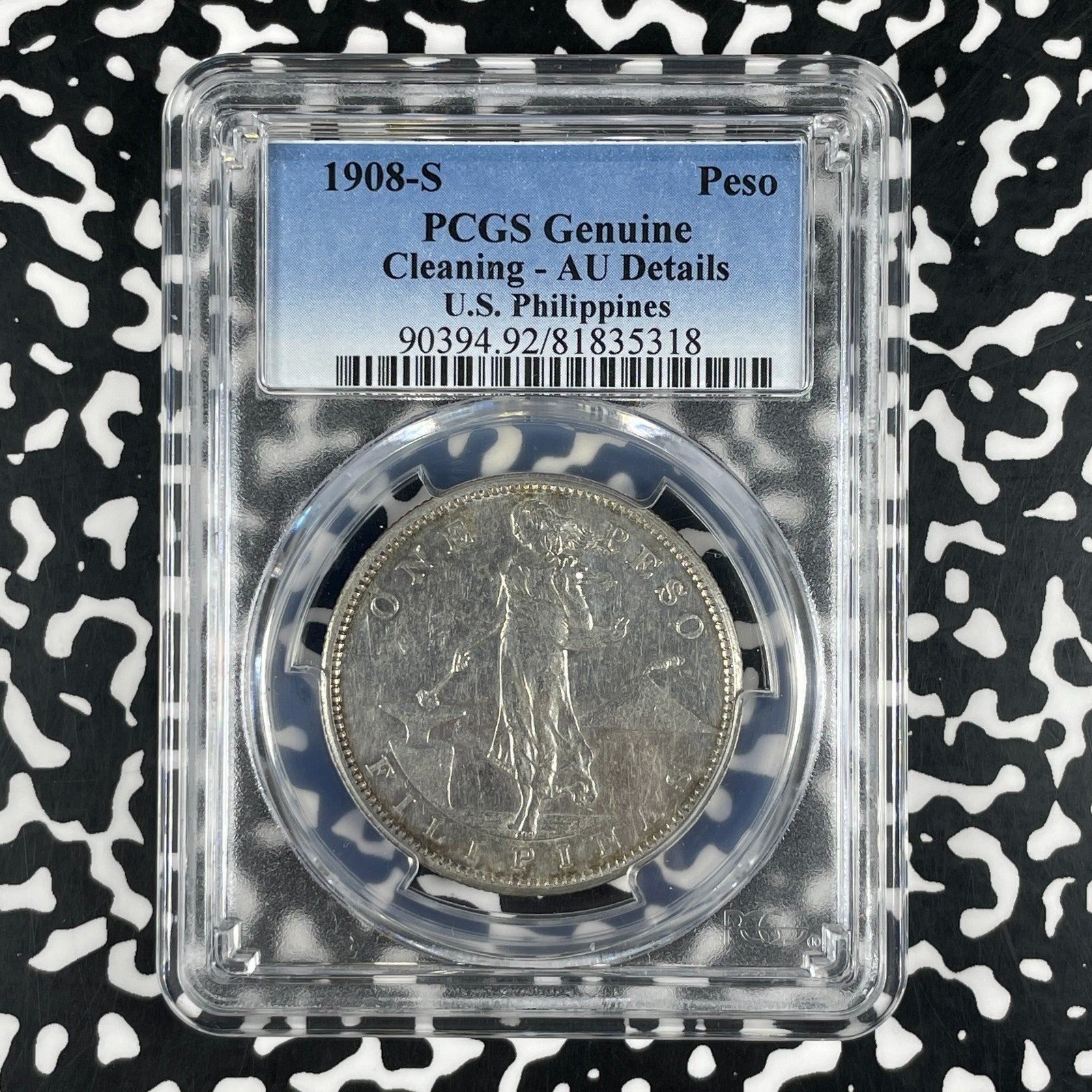 1908-S U.S. Philippines 1 Peso PCGS Cleaned-AU Details Lot#G2121 Large Silver!