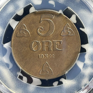 1922 Norway 5 Ore PCGS MS62BN Lot#G711 Nice UNC!